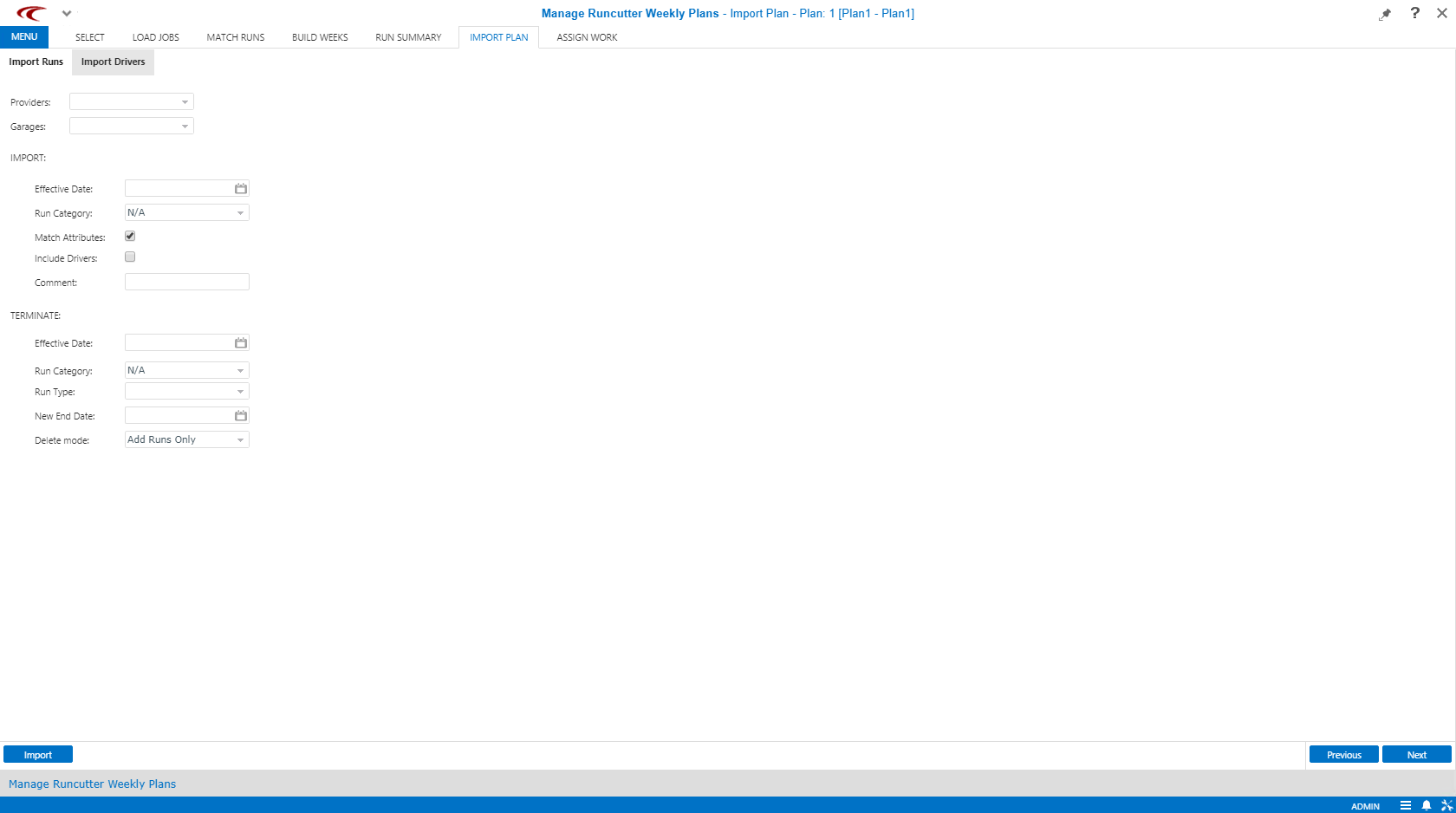 Manage Runcutter Weekly Plans open to the Import Plan step, showing the Import Runs tab