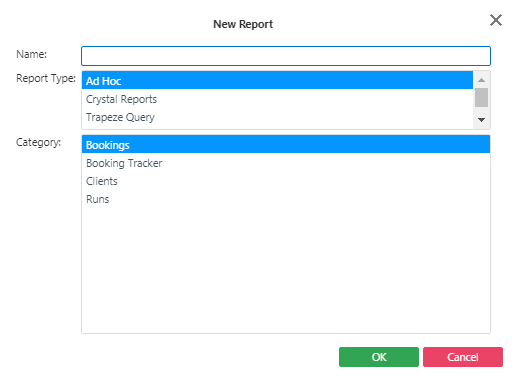The New Report dialog box showing Name, Report Type, and Category fields.