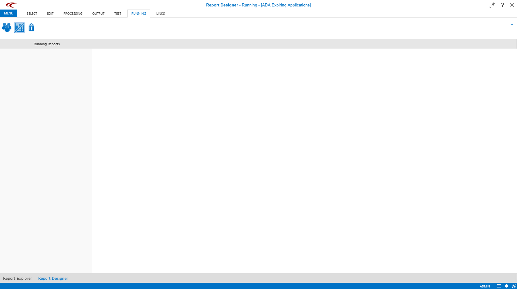Report Designer open to the Running step.