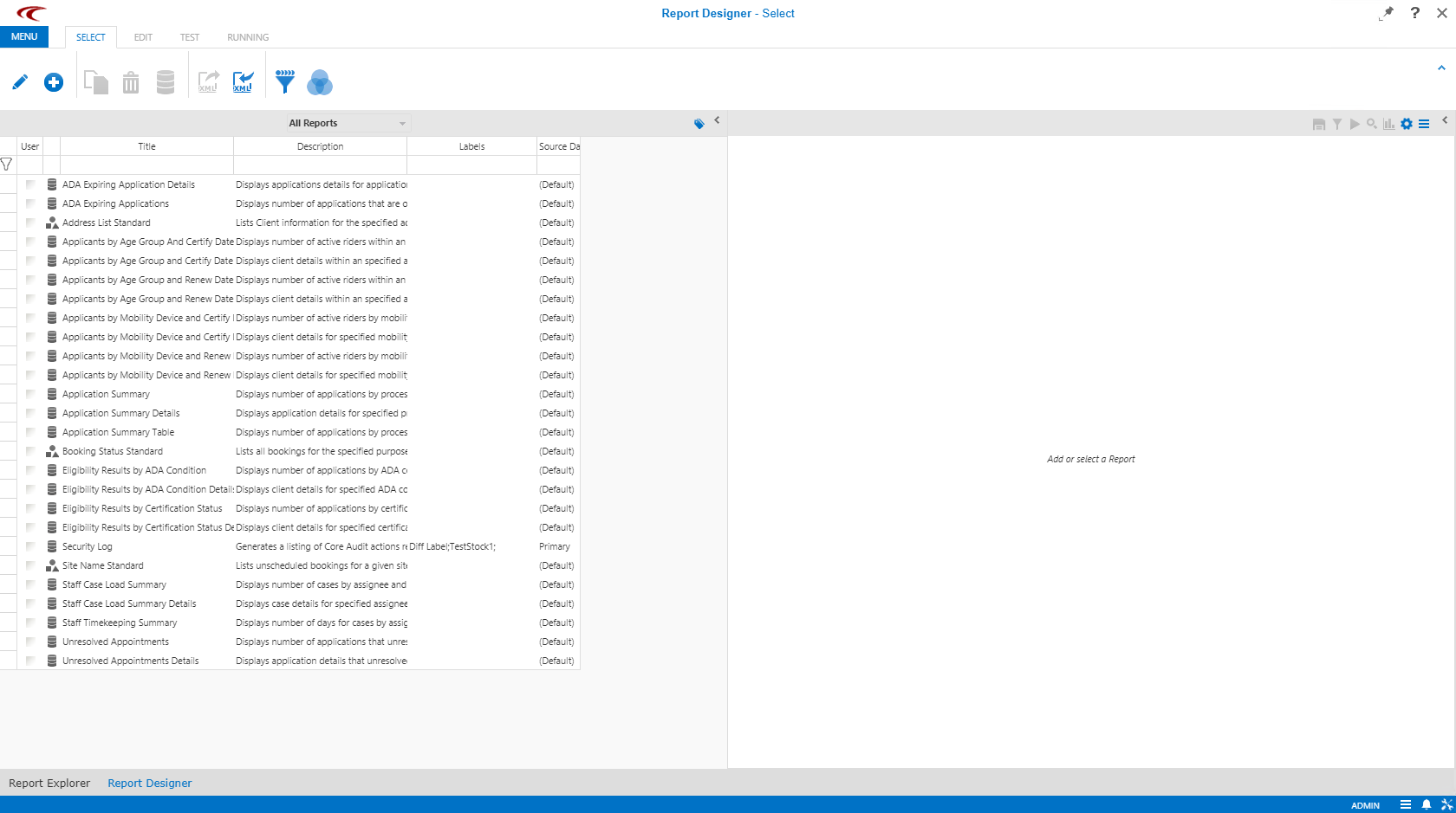 Report Designer open to the Select step.