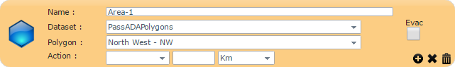 A regional area section with fields for Name, Dataset, Polygon, Action, and Evac.