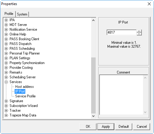 System Properties open to the Profile tab with Services > IP Port selected.
