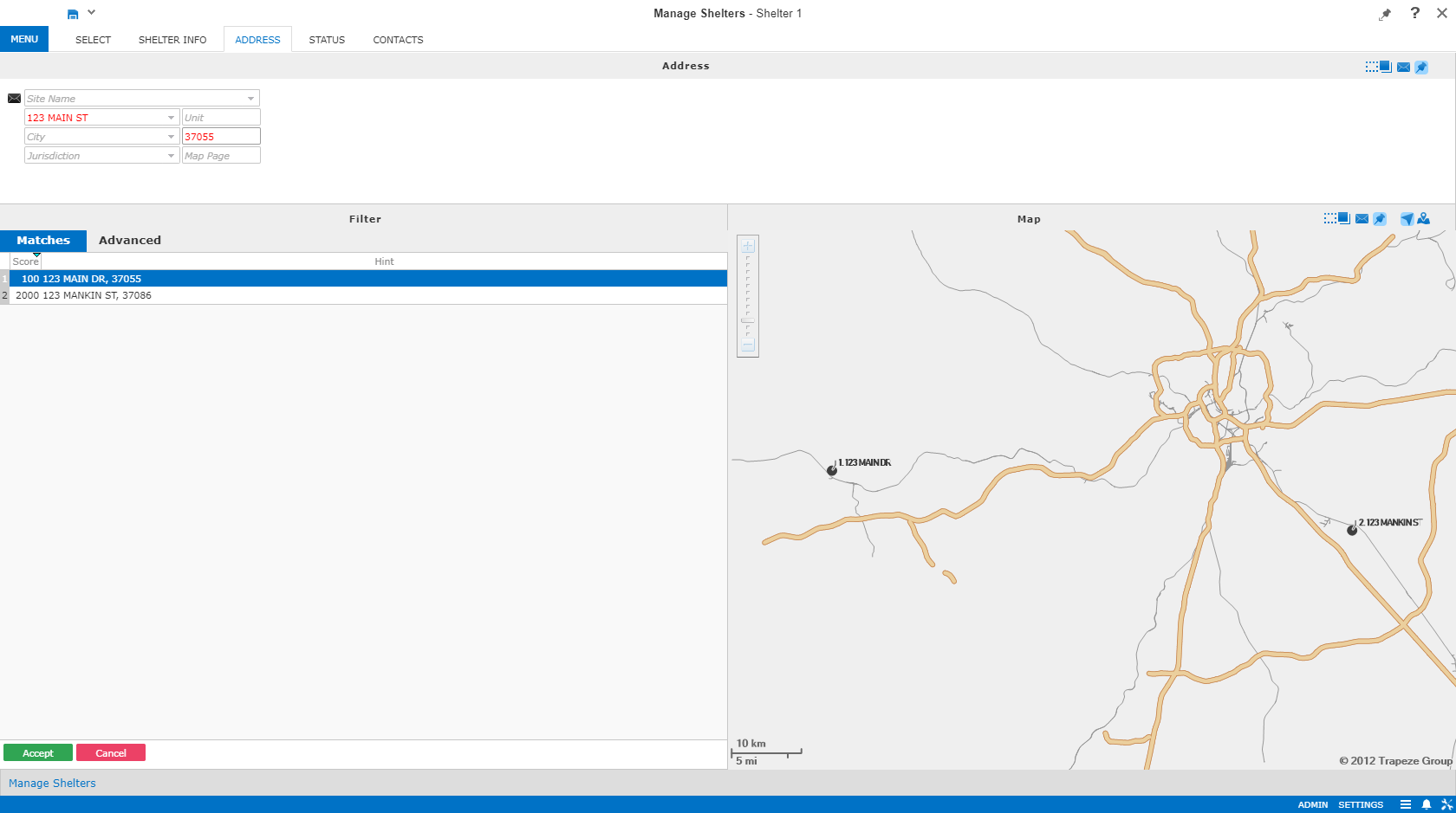 Example address Matches, including one with a Score of 100.