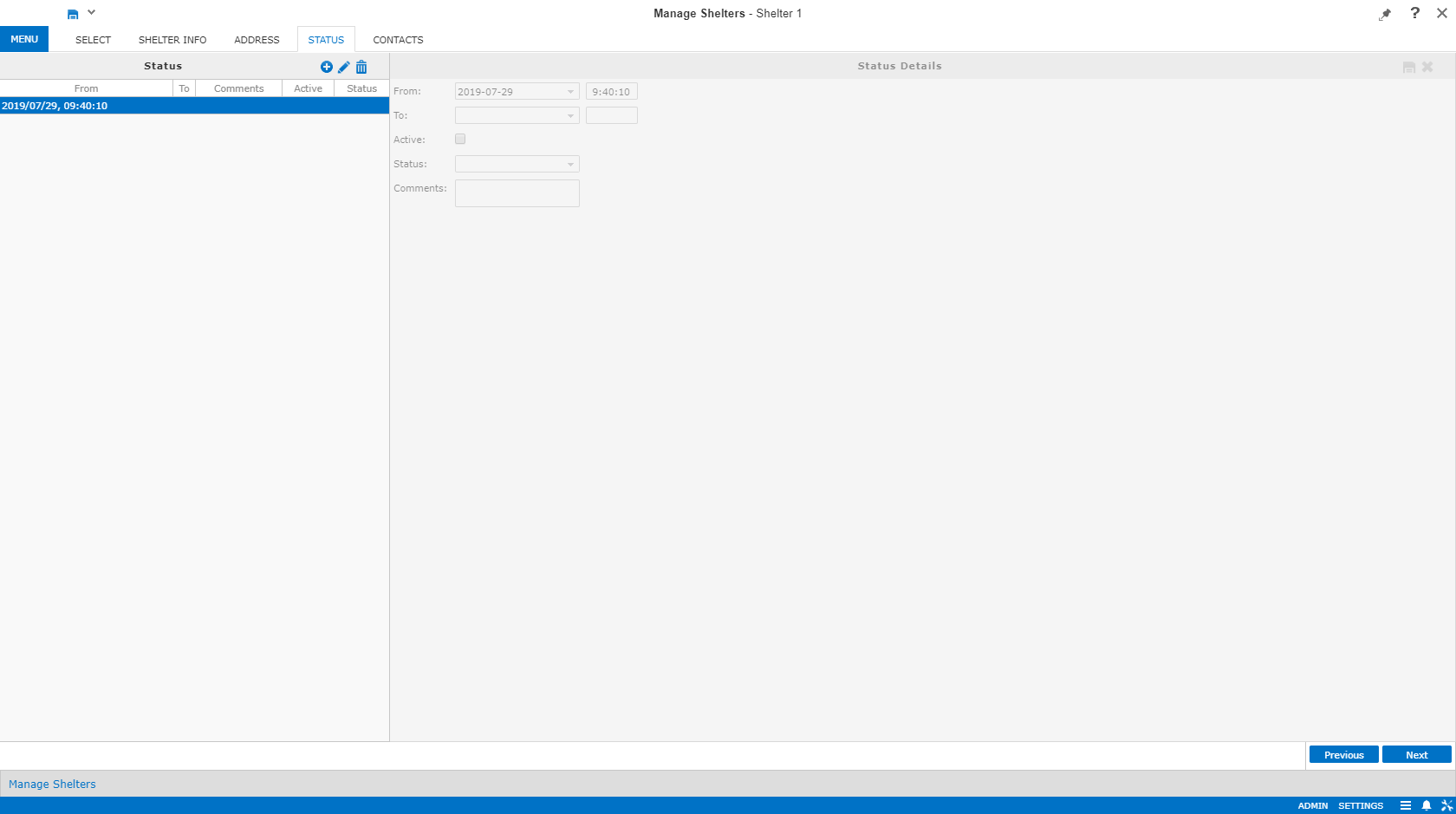 Manage Shelters showing the Status and Status Details pane