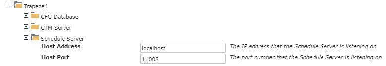 Trapeze4 Context Properties, including Schedule Server > Host Address and Schedule Server > Host Port.