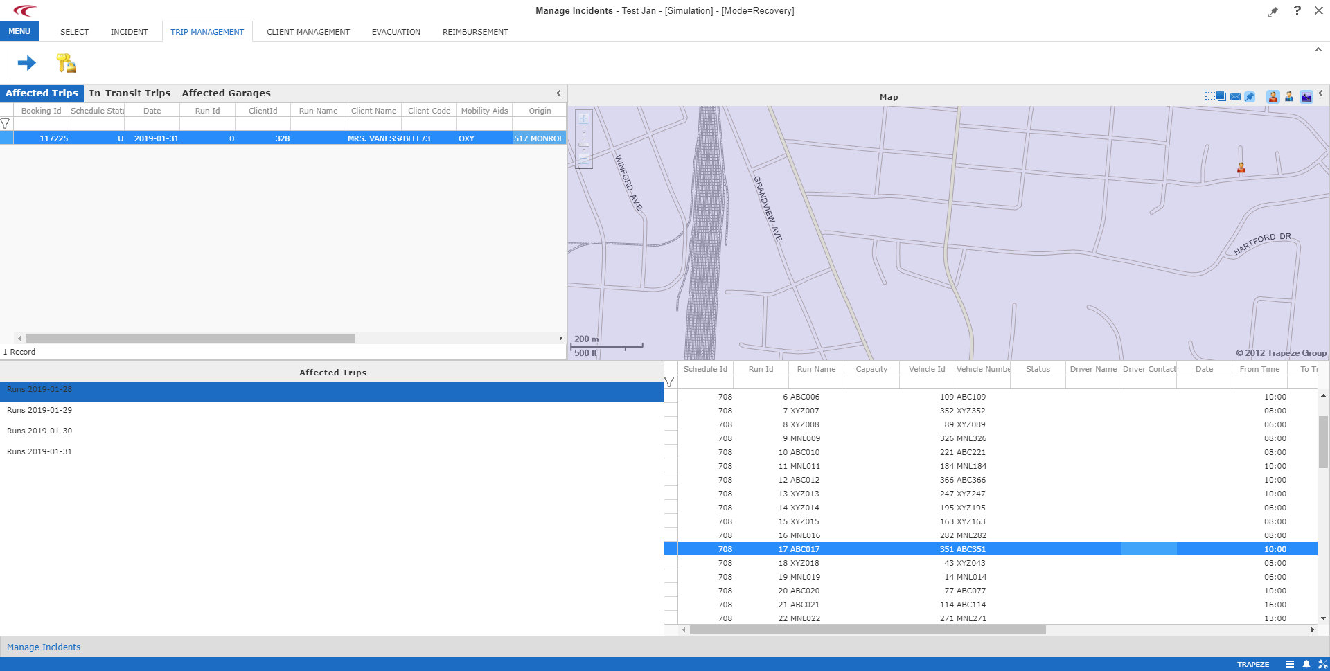 Manage Incidents showing the Affected Trips pane with one trip selected.