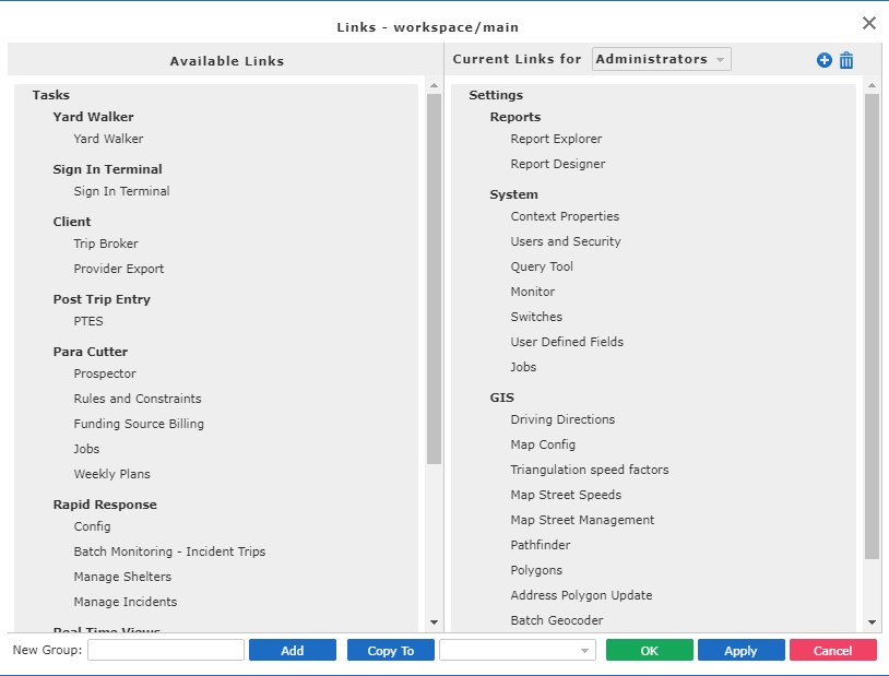 Links - workspace/main dialog box.