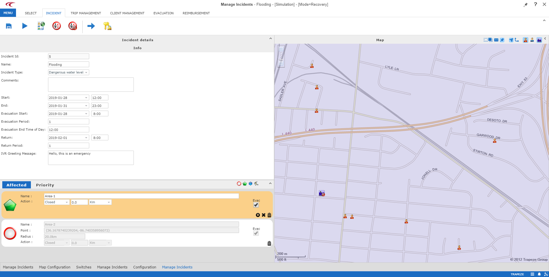Manage Incidents showing Incident details and a map with affected client addresses.