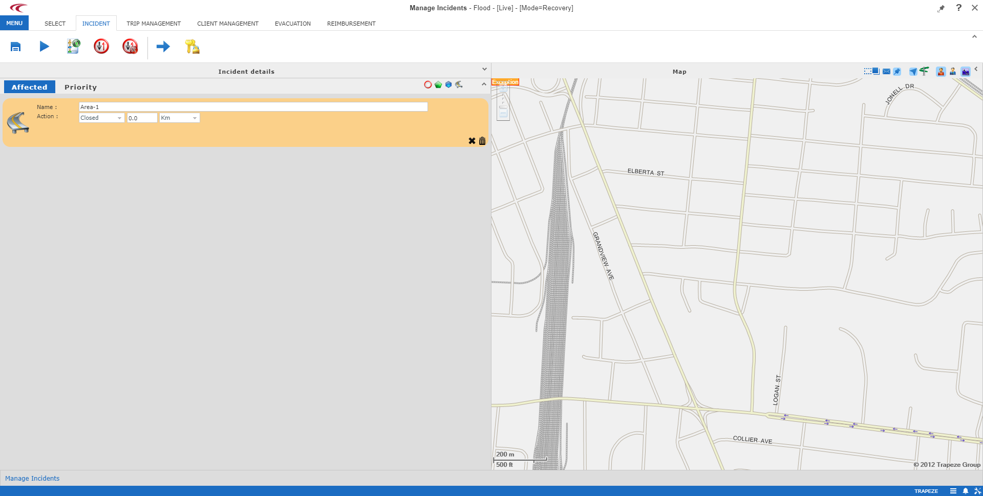 Manage Incidents showing Incident details collapsed and Affected tab expanded.