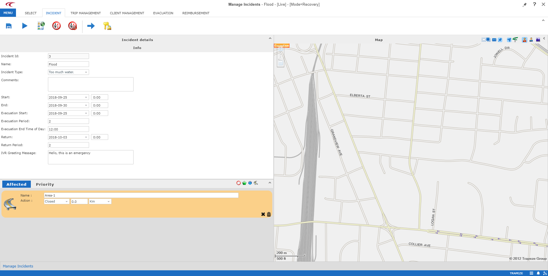 Manage Incidents showing Incident details and the Affected tab.