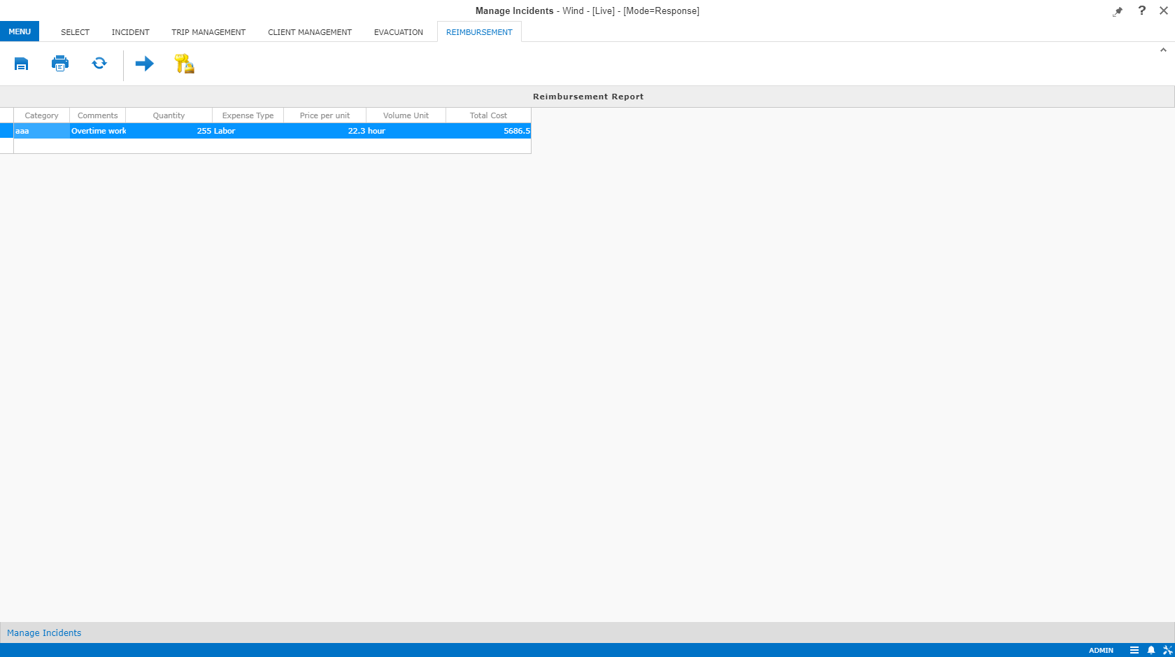 Manage Incidents screen in the Reimbursement Reports tab.