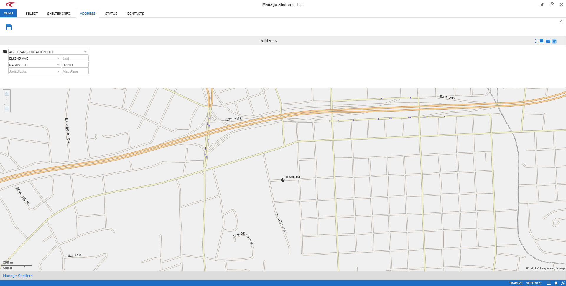 Address tab open in Manage Shelters screen.