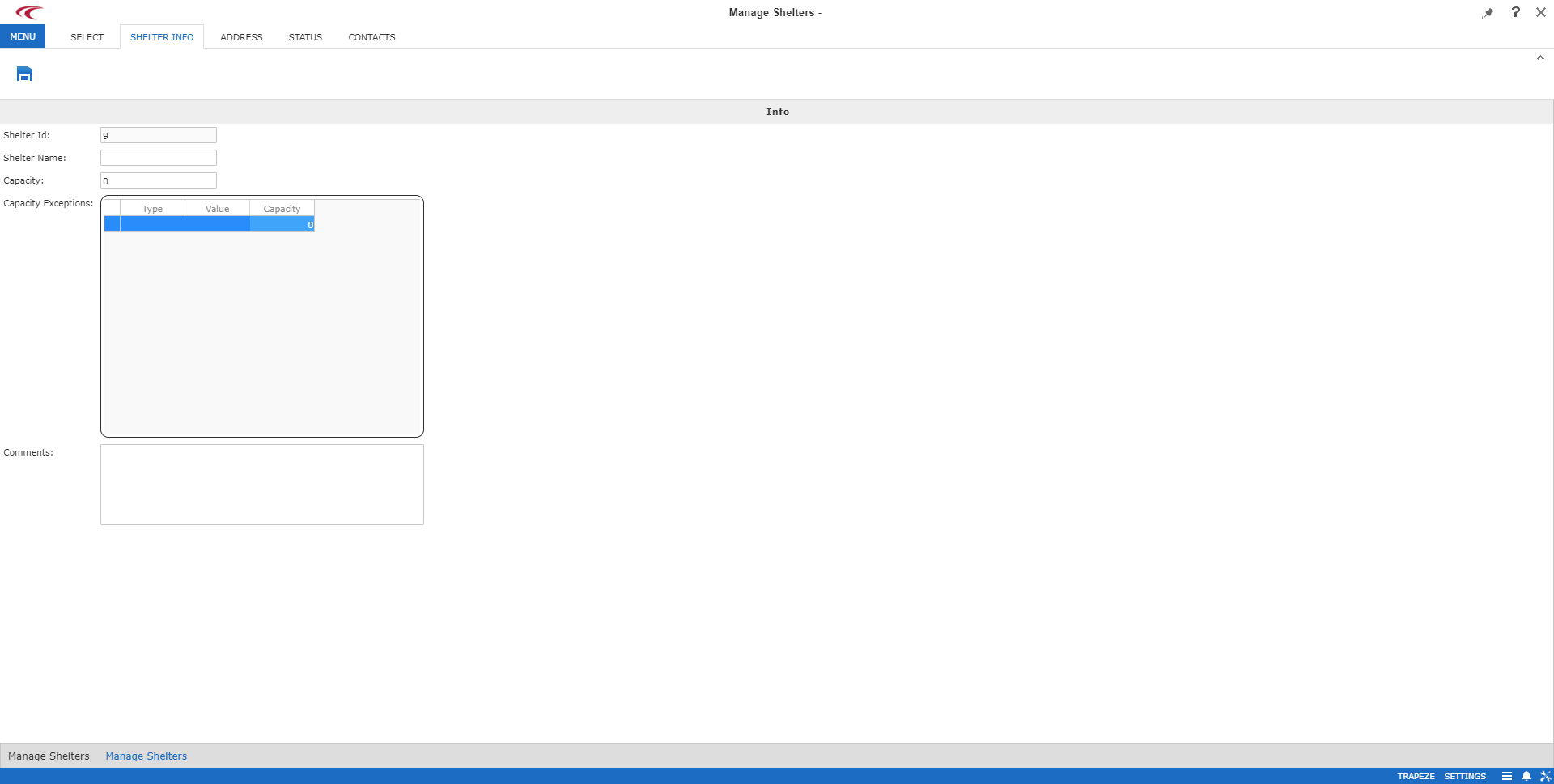 Manage Shelters open to the Shelter Info step