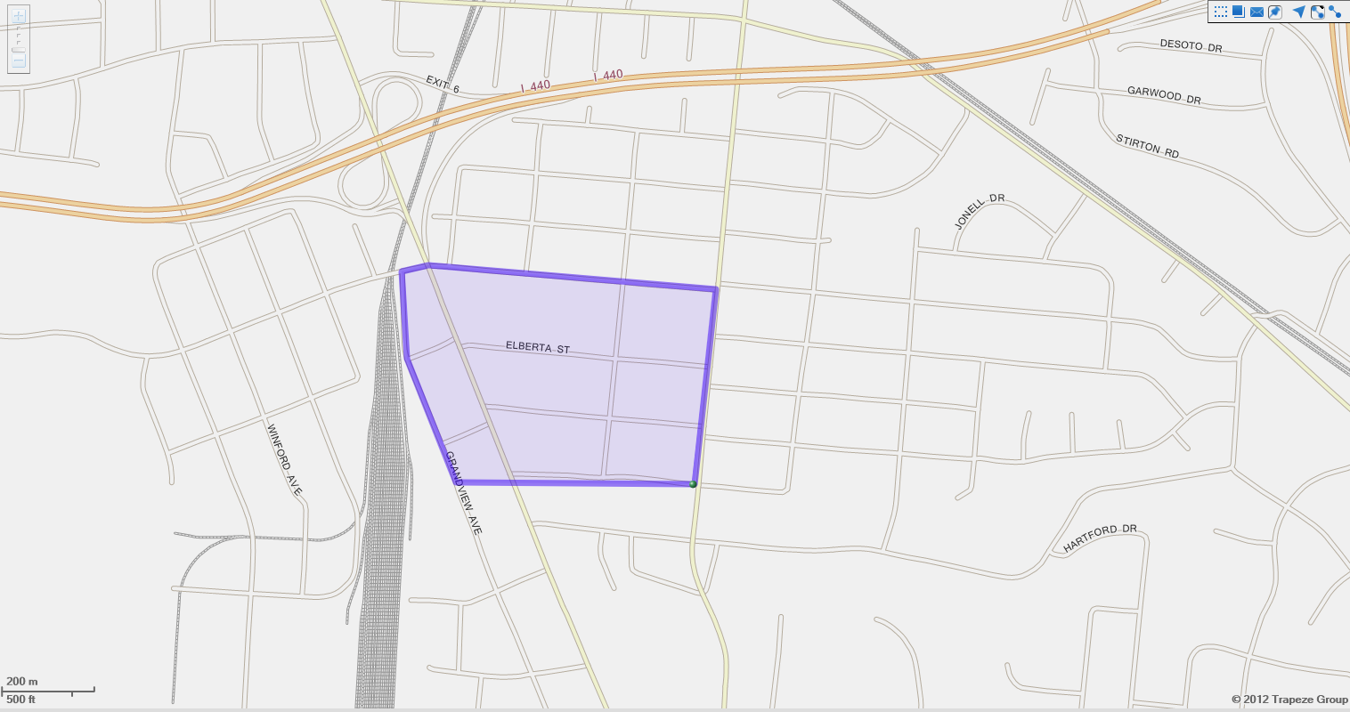 A polygon is visible on a map. It surrounds all of Elberta St., but only part of Grandview Ave.