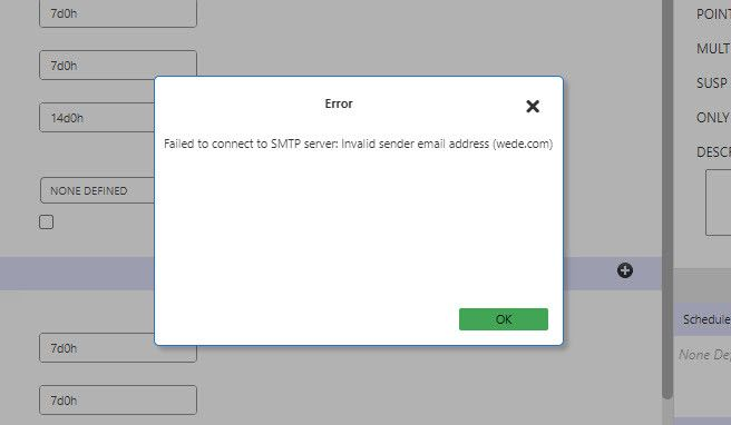 Error message popup for failing to connect to the SMTP server