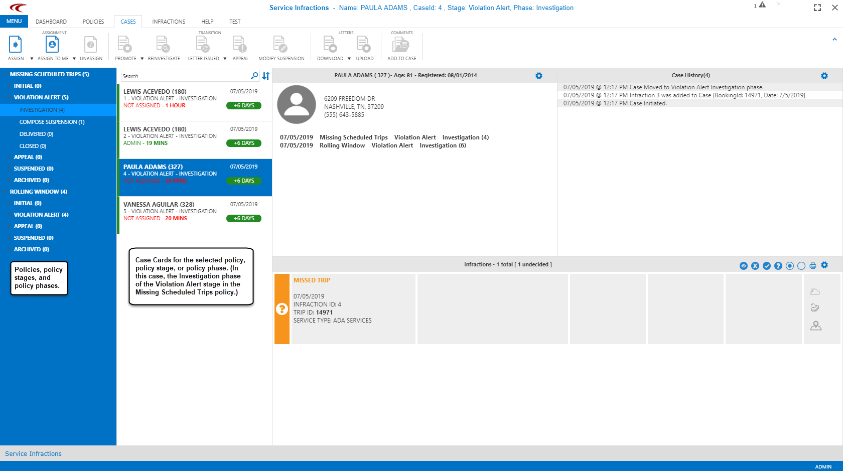 Cases tab open to a Violation Alert - Investigation phase with case cards visible for the selected phase.