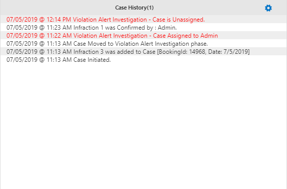 Case History widget with a list of actions associated with a selected case.