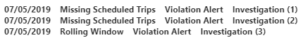 Three examples of client-associated policies. For example, 07/05/2019 Missing Scheduled Trips Violations Alert Investigation (9).