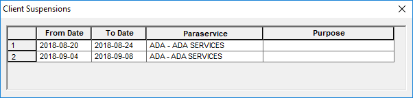 The Client Suspensions dialog box showing From Date, To Date, and Paraservice information about the suspensions. A Purpose field is also visible, but it contains no information as it does not apply to the visible suspensions.
