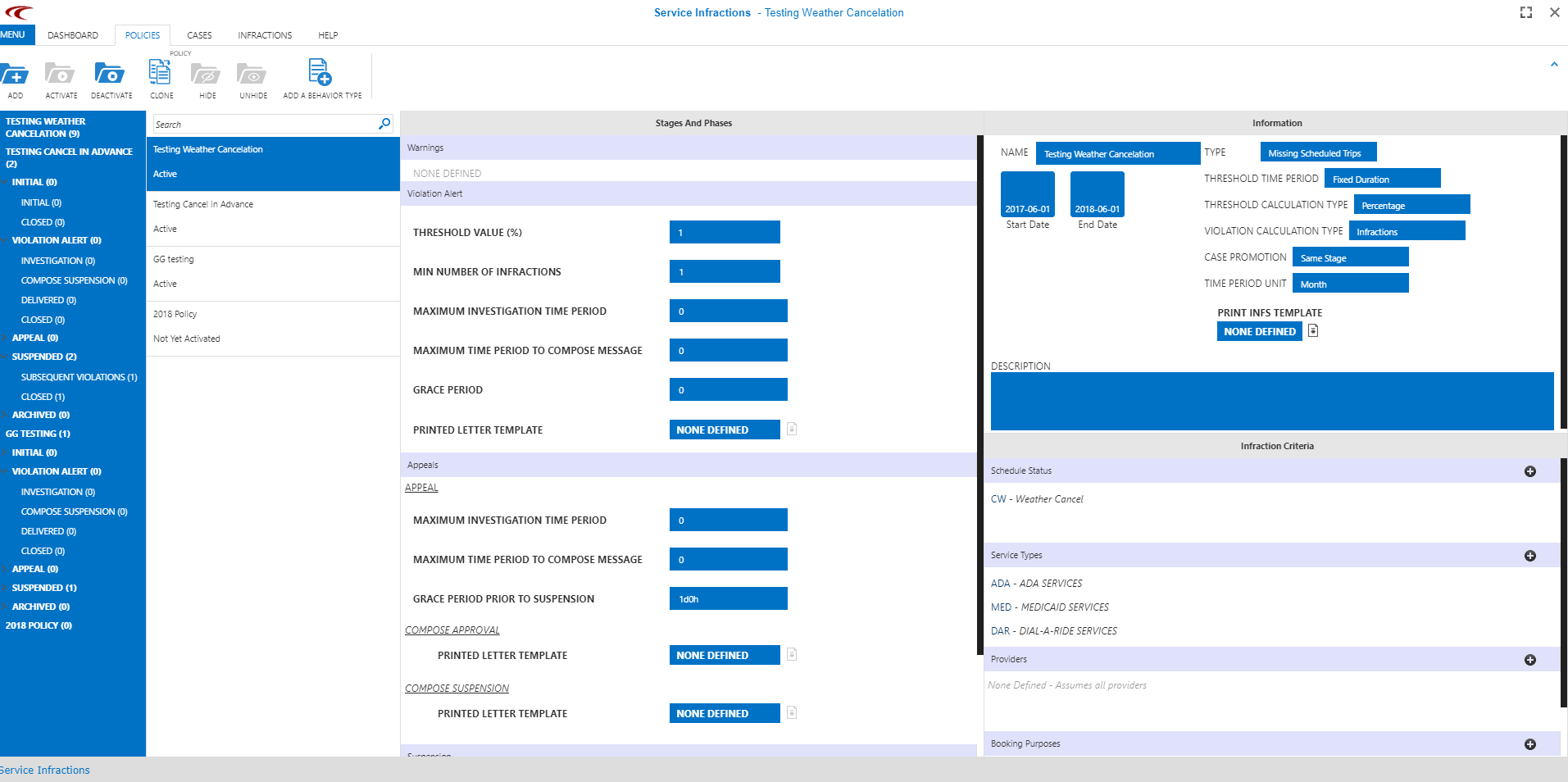 Information used for a policy based on a fixed duration Threshold Time Period and percentage Threshold Calculation Type.