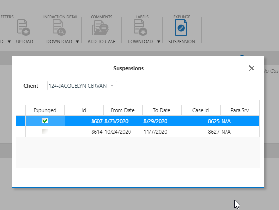 The Suspension dialog box with suspension selected to be expunged.