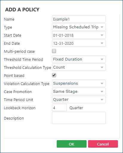 The Add A Policy dialog box showing a Missing Scheduled Trips policy Type and the Suspensions Violation Calculation Type.