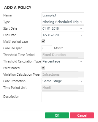 The Add A Policy dialog box showing a Missing Scheduled Trips policy Type for Multi-period cases.
