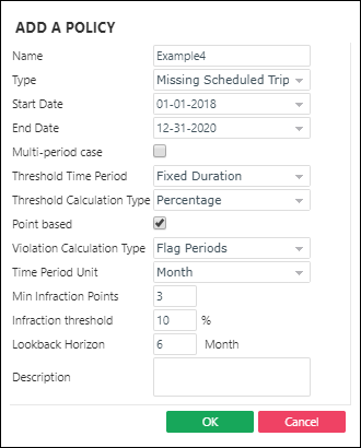 The Add A Policy dialog box showing a Missing Scheduled Trips policy Type and the Flag Periods Violation Calculation Type.