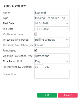 The Add A Policy dialog box showing a Missing Scheduled Trips policy Type for a Rolling Window Threshold Time Period.