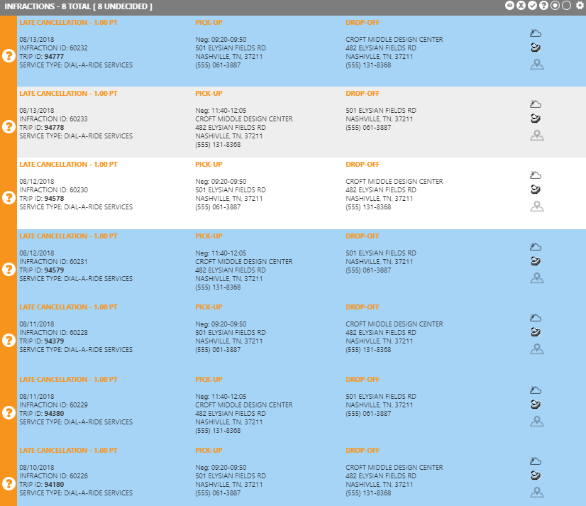 Infractions widget showing undecided infractions, a number of which are highlighted in blue.