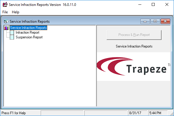 The Service Infraction Reports Version 16.0.11.0 dialog box.