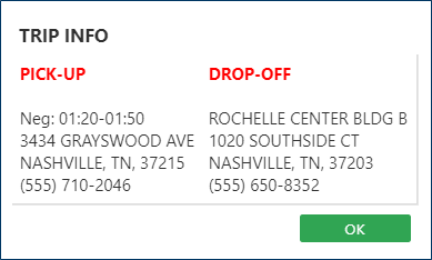 Trip Info dialog box showing pick-up and drop-off information.