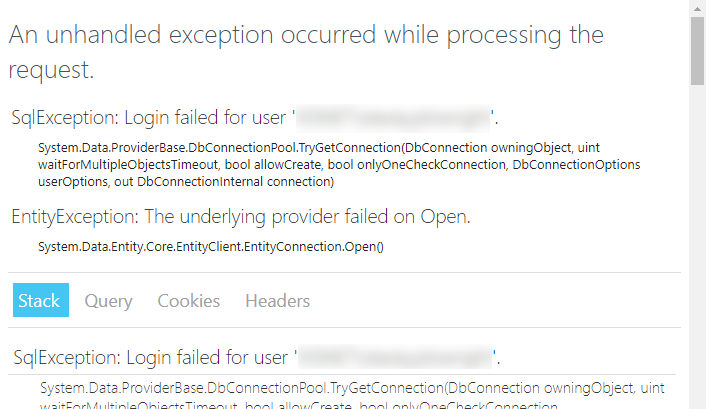 An error message that states "An unhandled exception occurred while processing the request."
