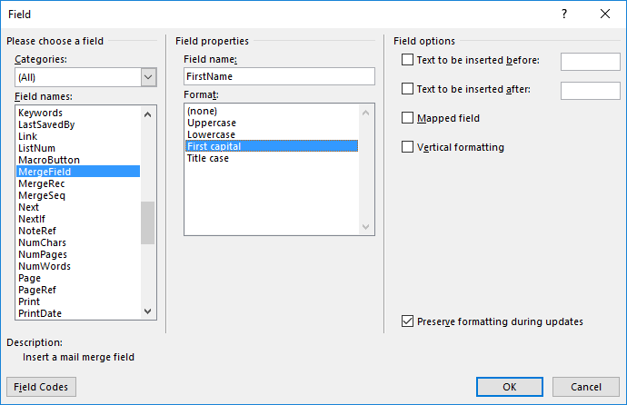 The Field dialog box with MergeField selected under Field names and First capital selected under format.