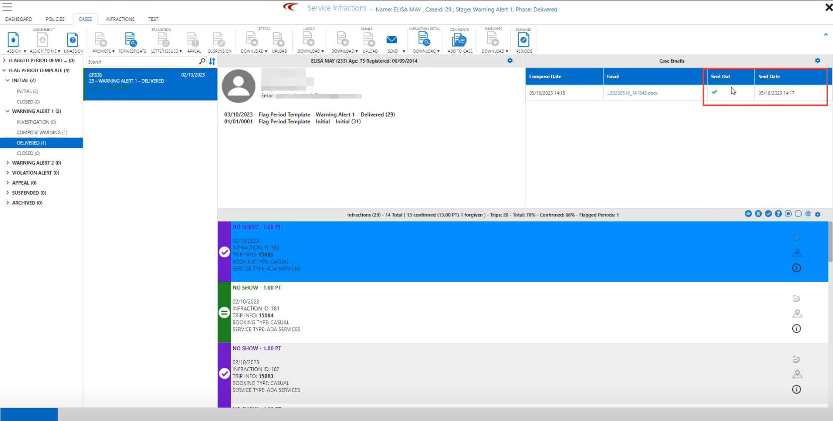 The Email widget showing a sent email.