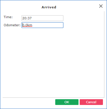 The Arrived dialog box showing Time and Odometer fields.