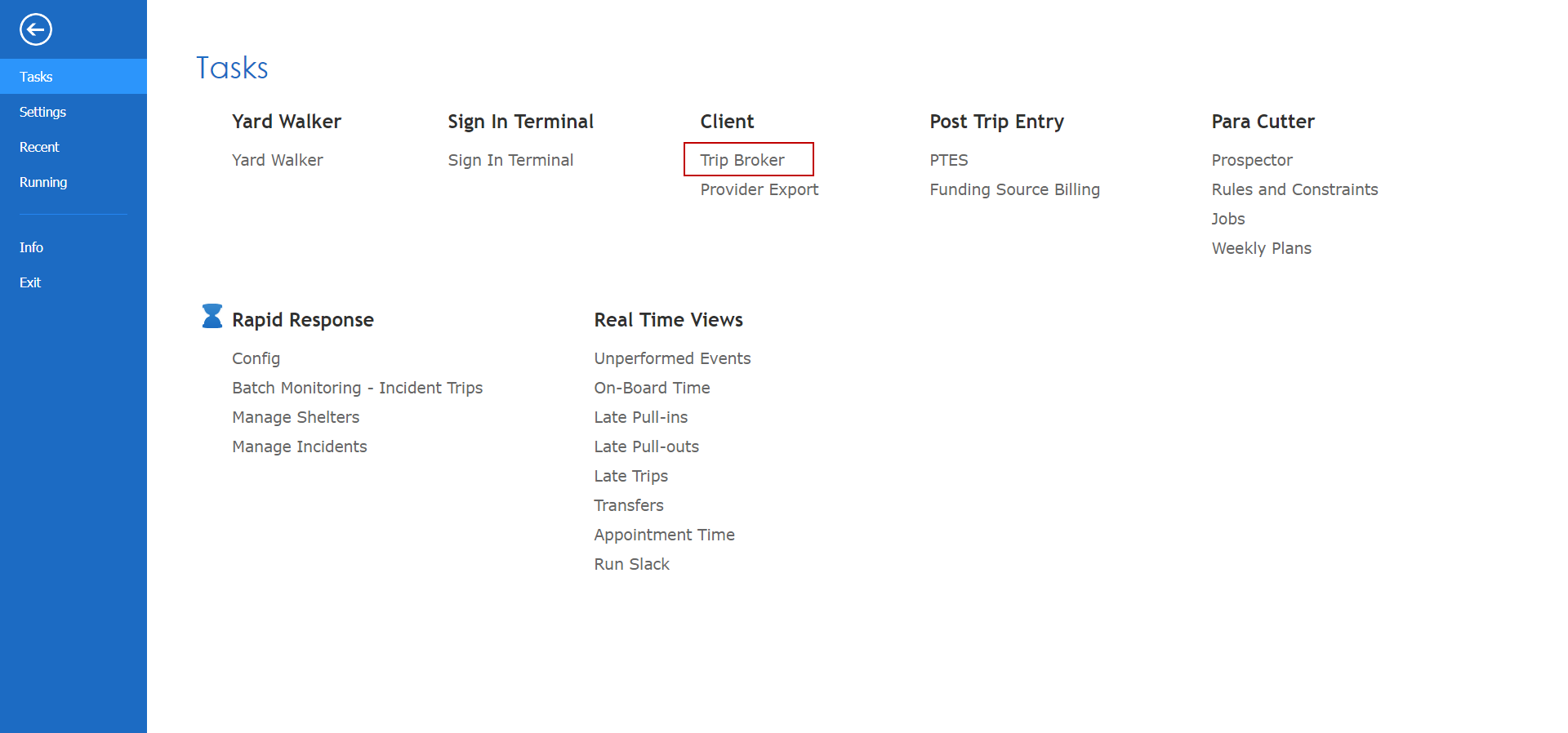 The Tasks menu open with Trip Broker circled in red.