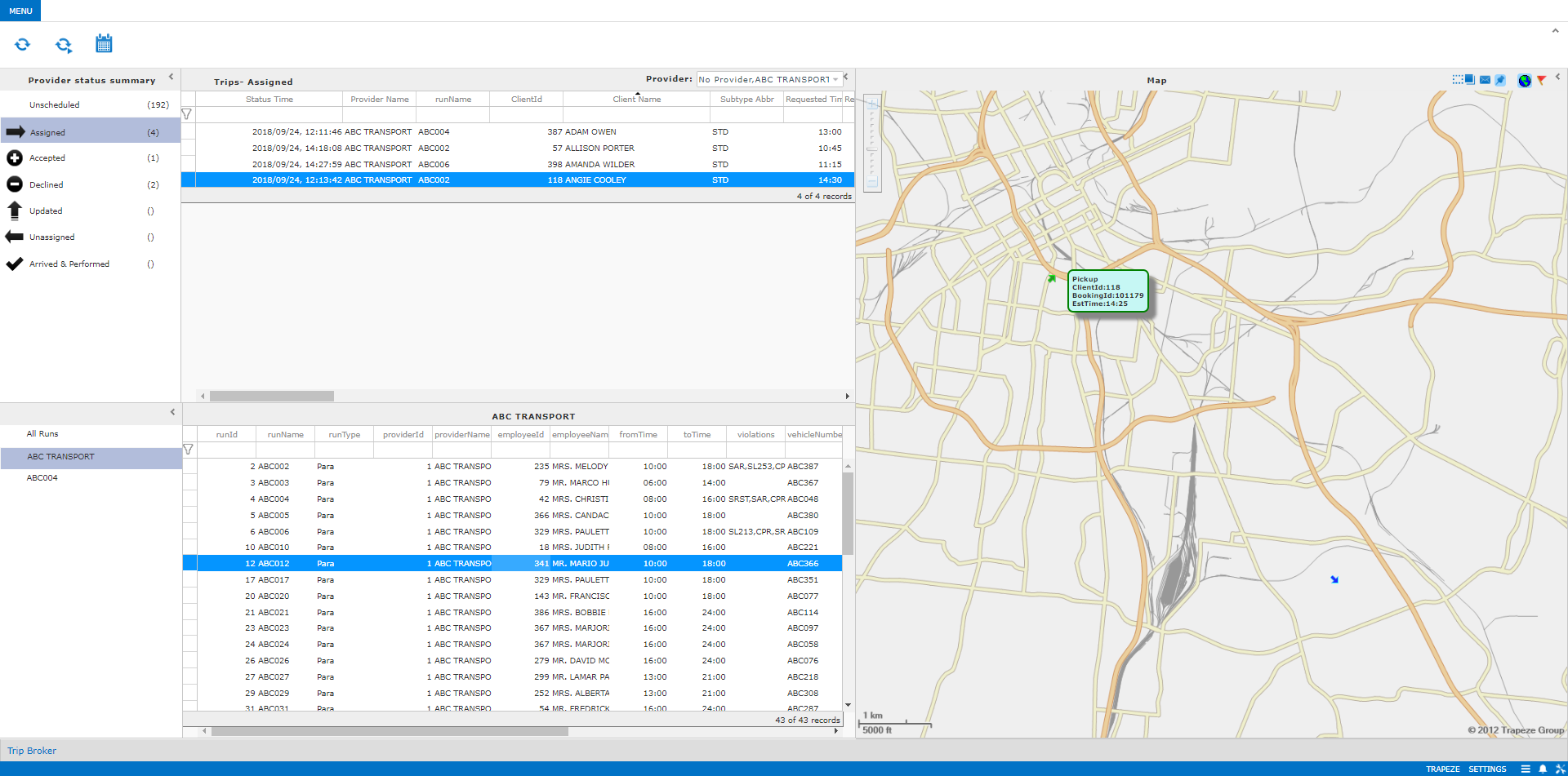 Trip Broker map with a trip selected and vehicle information shown on the map.