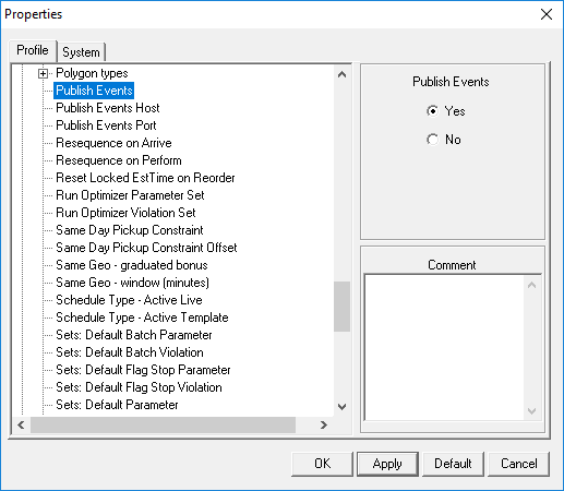 System properties opened to the Profile tab with Publish Events highlighted.