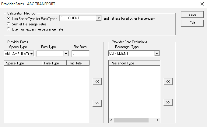 The Provider Fares dialog box. It contains a Calculation Method frame, a Provider Fares frame, and a Provider Fare Exclusions frame.