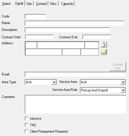 The Detail tab in Providers ancillary data. It includes fields such as Code, Name, Description, and Address.