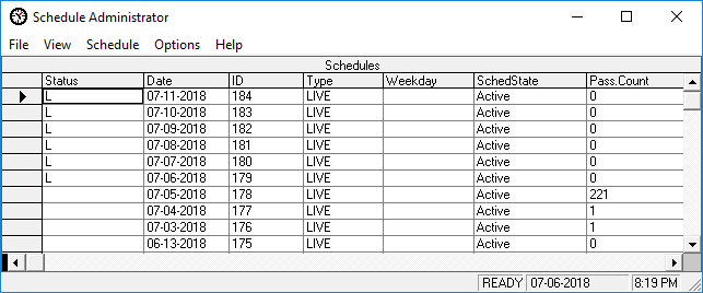 Schedule Administrator showing loaded Live trips.