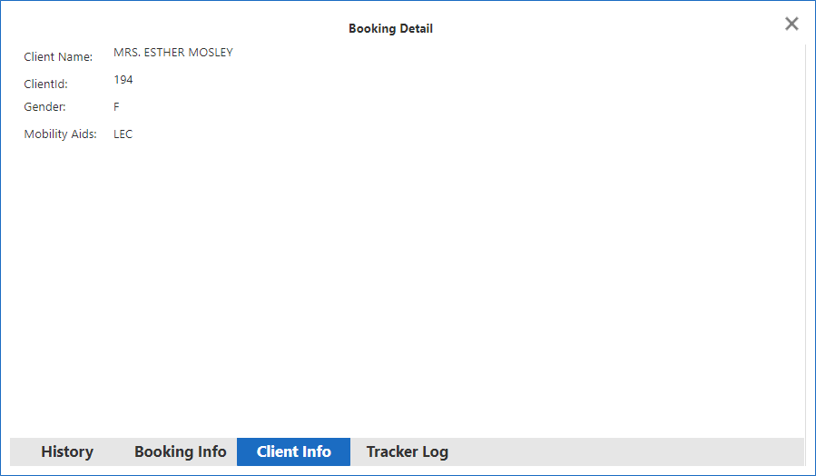 The Booking Detail dialog box open to the Client Info tab.