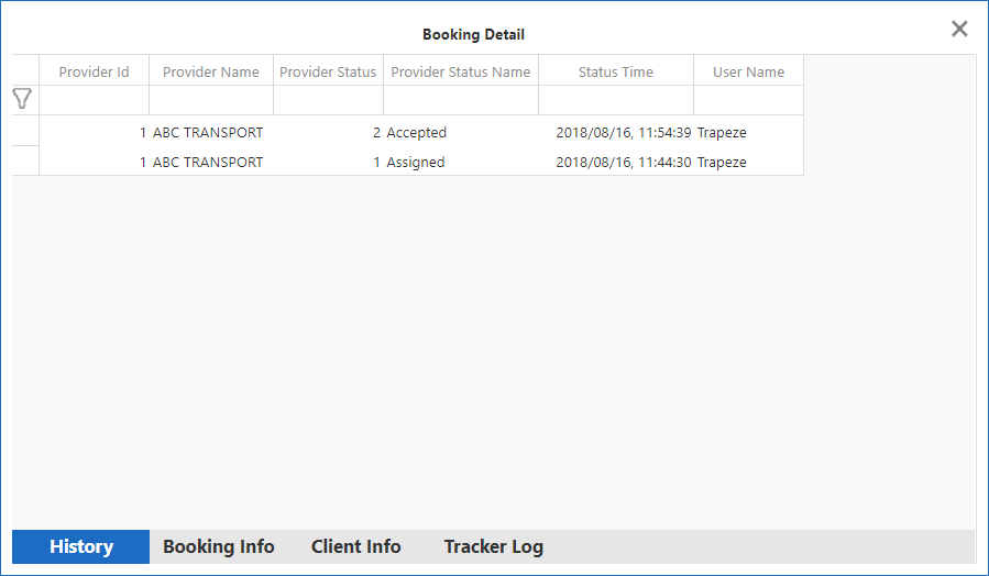 The Booking Detail dialog box open to the History tab.