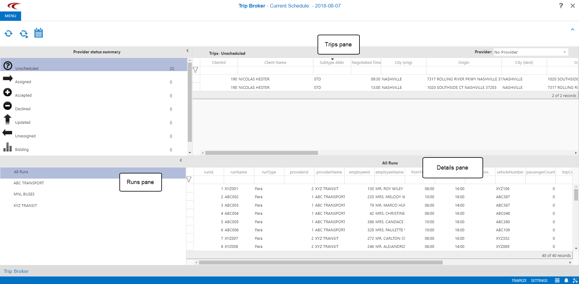 The main Trip Broker screen with call outs for the Trips pane, the Runs pane, and the Details pane.