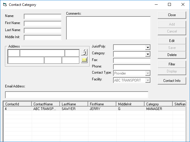 The Contact Category dialog box. It contains fields such as Name, First Name, Last Name, and JuristPoly.
