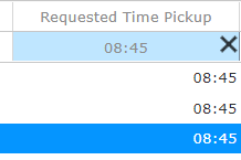 The Requested Time Pickup column is filtered using 8:45. An X is visible.