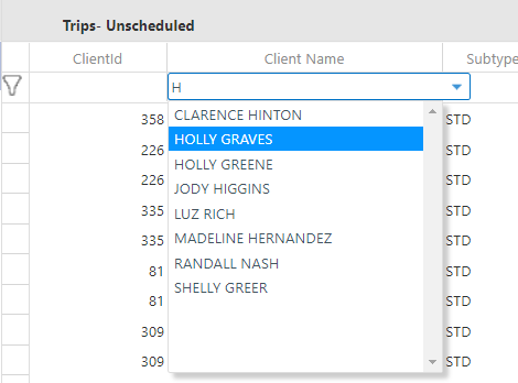 The Client Name column is filtered using H.