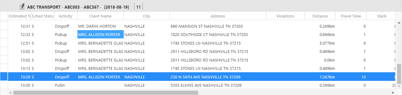 The Details pane with a client name for a Pickup activity and a corresponding Dropoff activity highlighted.