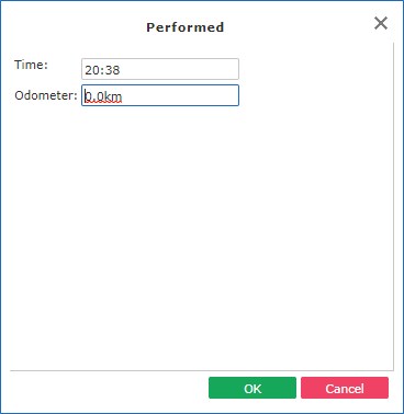 The Performed dialog box showing Time and Odometer fields.